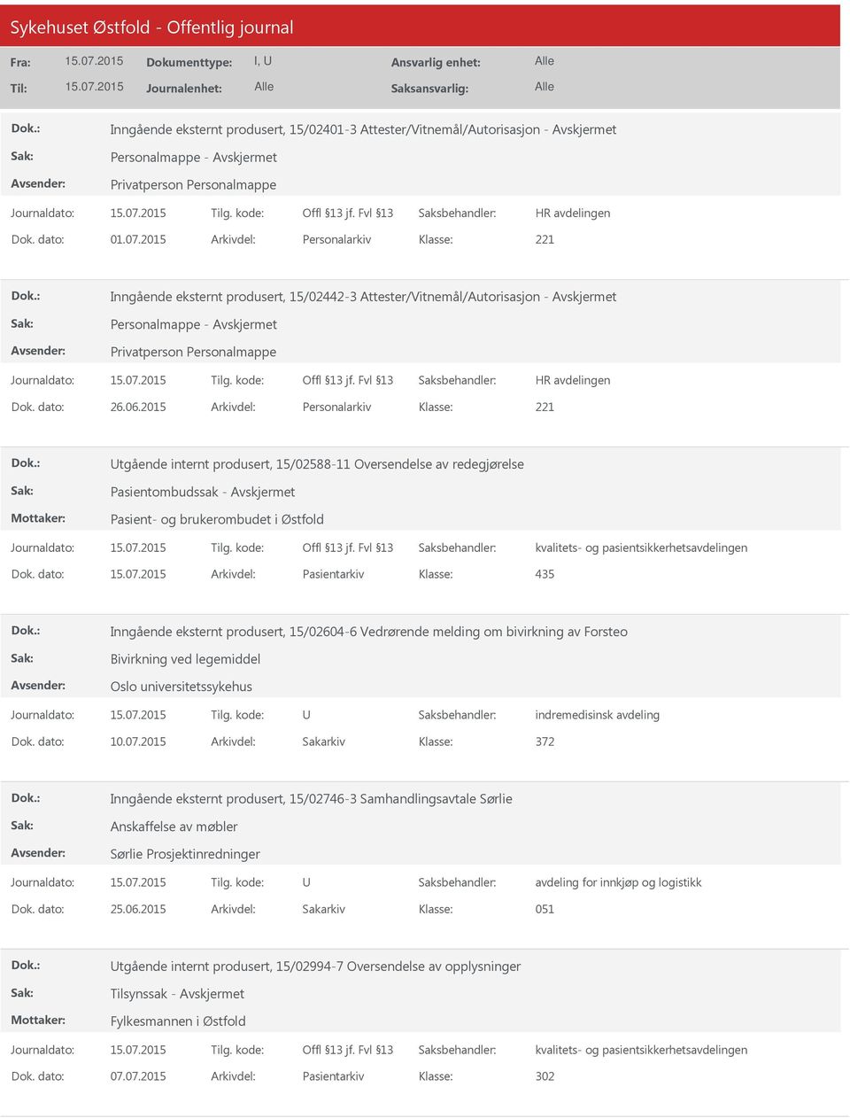 2015 Arkivdel: Personalarkiv tgående internt produsert, 15/02588-11 Oversendelse av redegjørelse Pasientombudssak - Avskjermet Pasient- og brukerombudet i Østfold Dok.