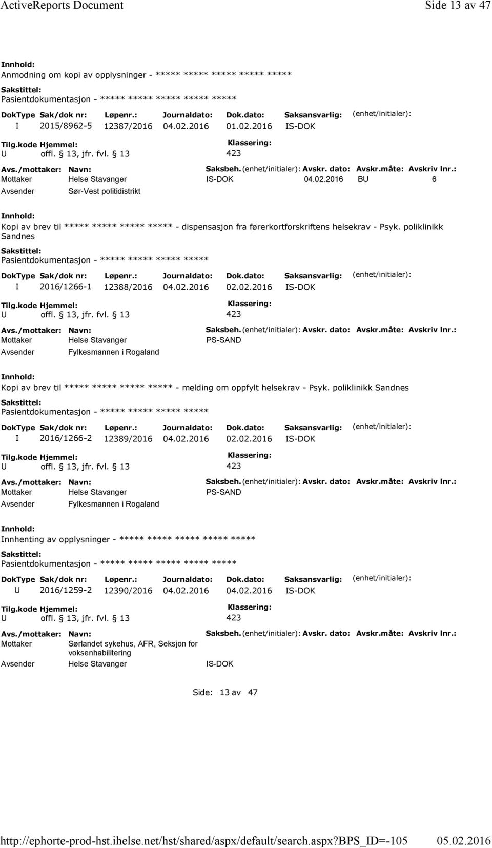 poliklinikk Sandnes 2016/1266-1 12388/2016 02.02.2016 Fylkesmannen i Rogaland Saksbeh. Avskr. dato: Avskr.måte: Avskriv lnr.