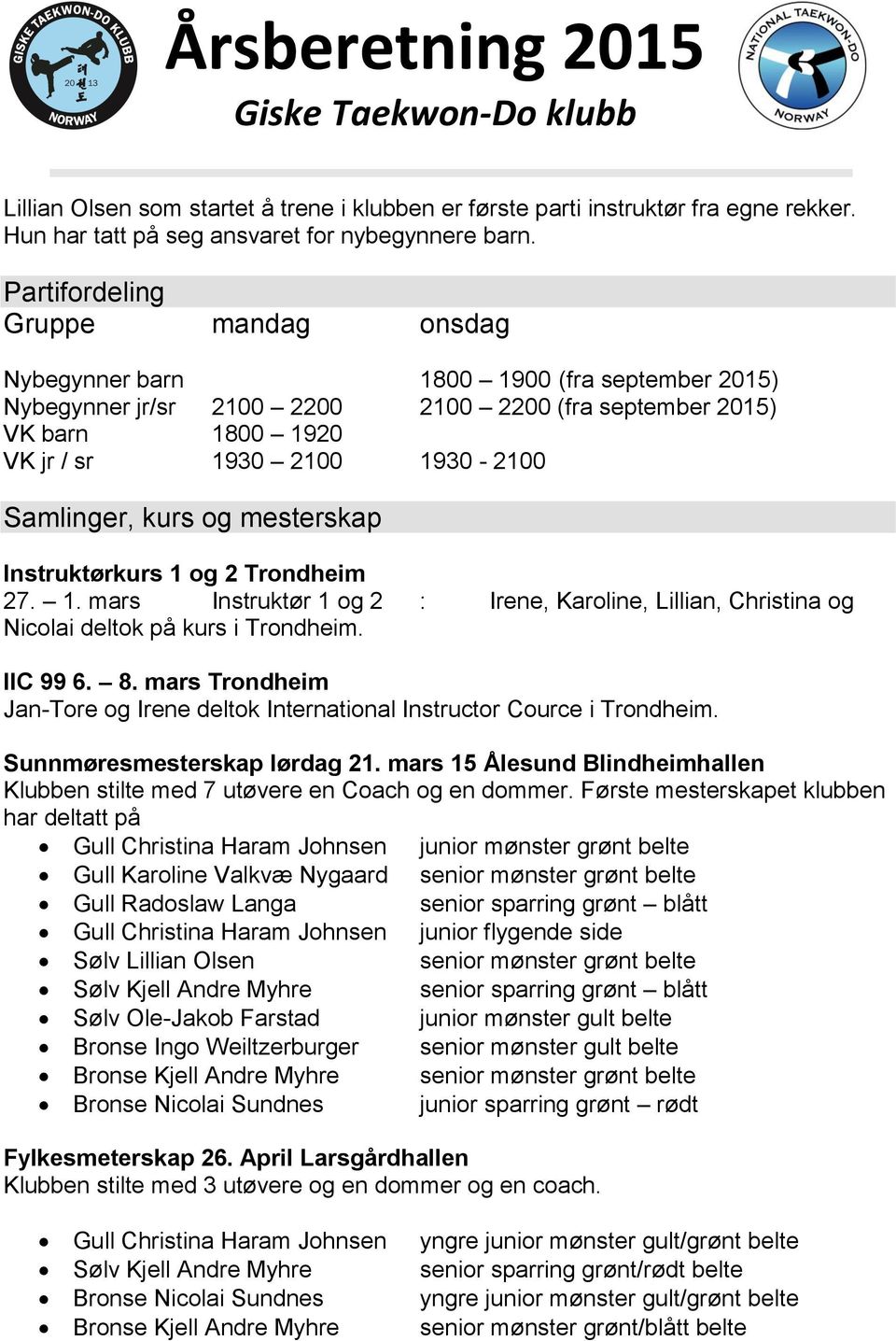 Samlinger, kurs og mesterskap Instruktørkurs 1 og 2 Trondheim 27. 1. mars Instruktør 1 og 2 : Irene, Karoline, Lillian, Christina og Nicolai deltok på kurs i Trondheim. IIC 99 6. 8.