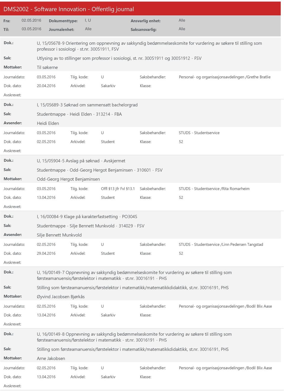 2016 I, 15/05689-3 Søknad om sammensatt bachelorgrad Studentmappe - Heidi Elden - 313214 - FBA Heidi Elden STDS - Studentservice Student, 15/05904-5 Avslag på søknad - Avskjermet Studentmappe -