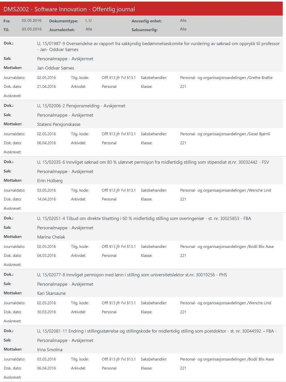 nr. 30032442 - FSV Eirin Holberg Personal- og organisasjonsavdelingen /Wenche Lind 14.04.2016 Personal, 15/02051-4 Tilbud om direkte tilsetting i 60 % midlertidig stilling som overingeniør - st. nr.