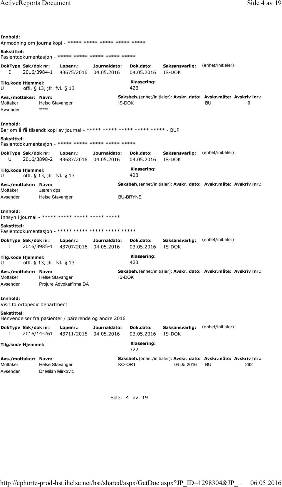 Avskr. dato: Avskr.måte: Avskriv lnr.: Visit to ortopedic department Henvendelser fra pasienter / pårørende og andre 2016 2016/14-261 43711/2016 322 Saksbeh. Avskr. dato: Avskr.måte: Avskriv lnr.: KO-ORT B 262 Dr Milan Mirkovic Side: 4 av 19