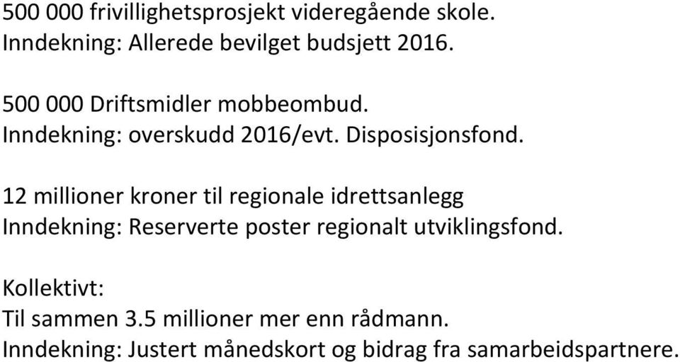 12 millioner kroner til regionale idrettsanlegg Inndekning: Reserverte poster regionalt