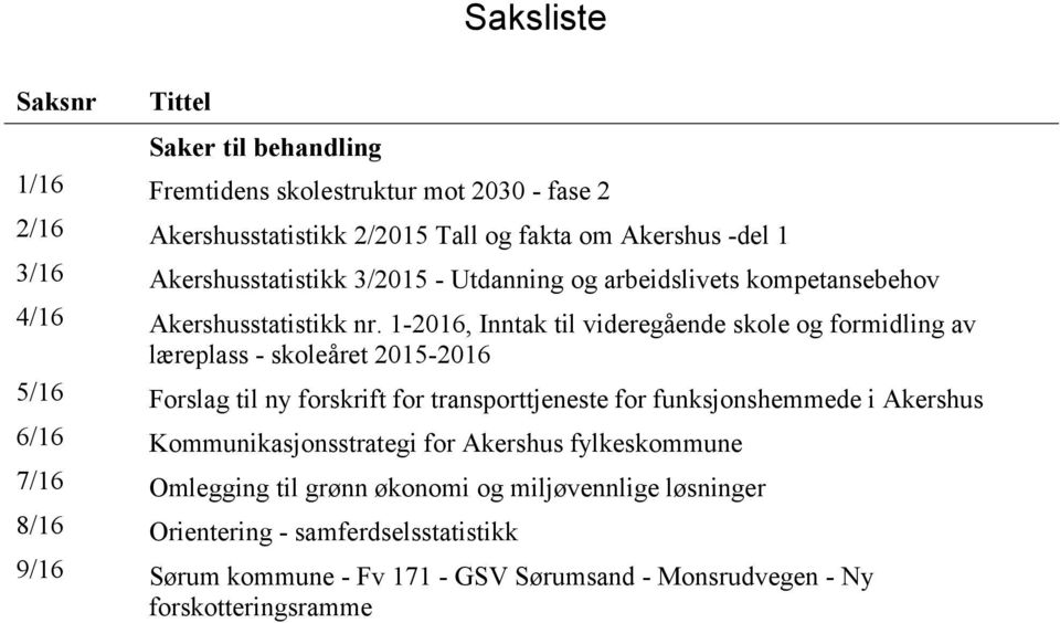 1-2016, Inntak til videregående skole og formidling av læreplass - skoleåret 2015-2016 5/16 Forslag til ny forskrift for transporttjeneste for funksjonshemmede i