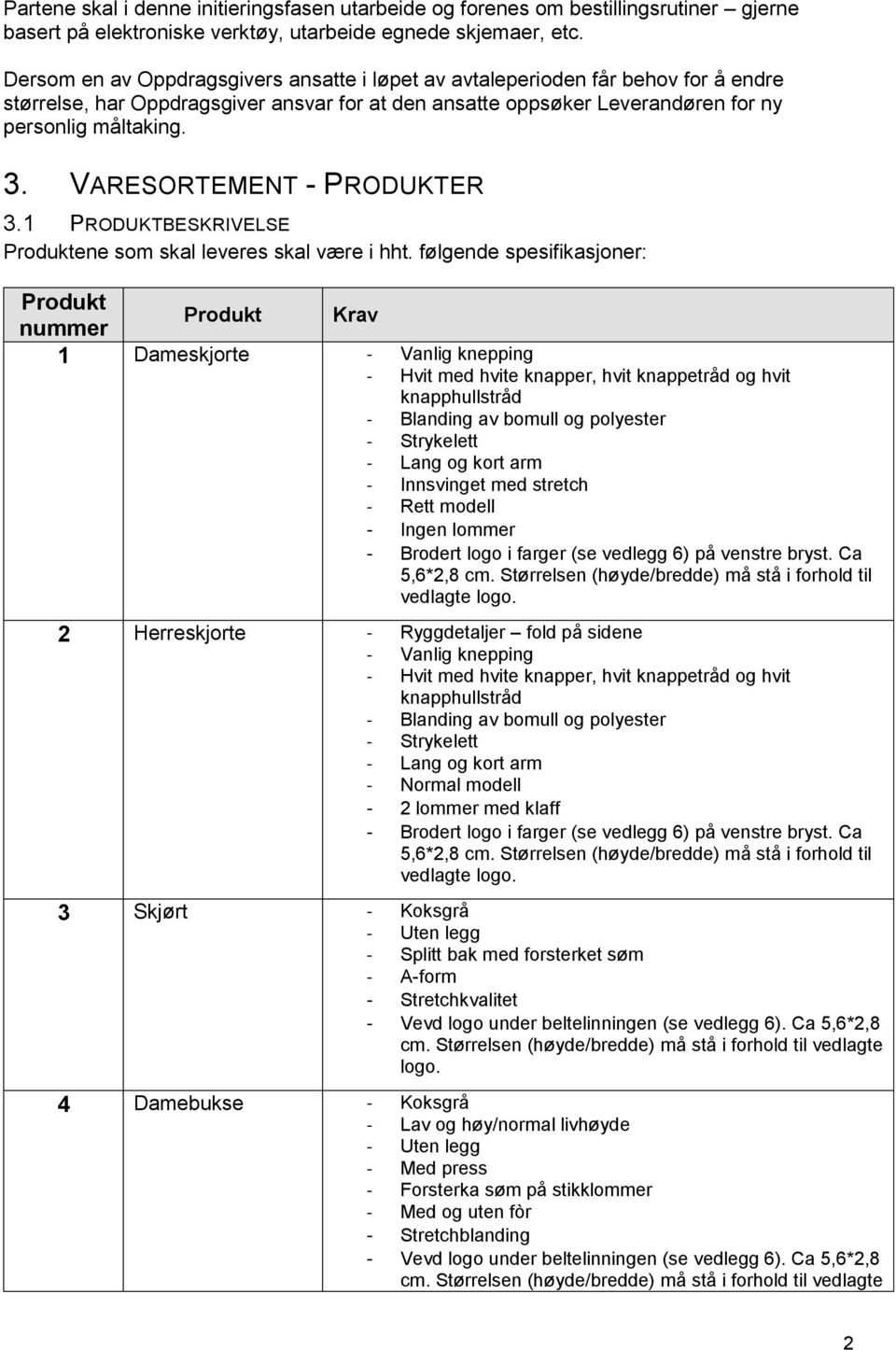 VARESORTEMENT - PRODUKTER 3.1 PRODUKTBESKRIVELSE Produktene som skal leveres skal være i hht.