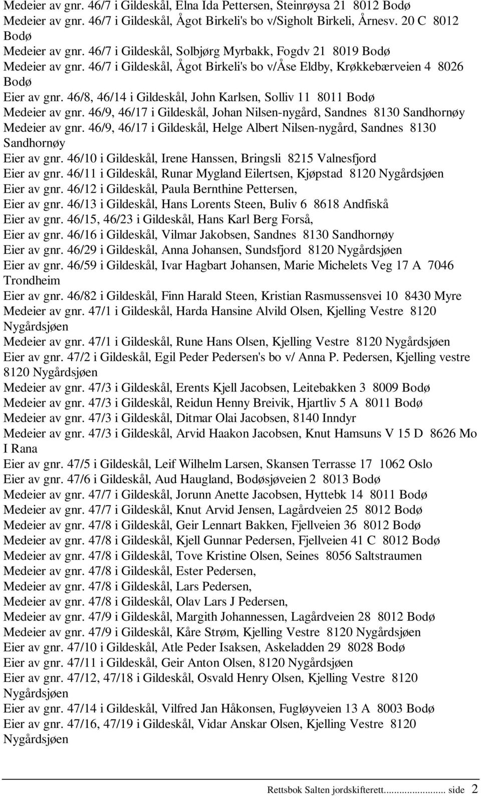 46/8, 46/14 i Gildeskål, John Karlsen, Solliv 11 8011 Bodø Medeier av gnr. 46/9, 46/17 i Gildeskål, Johan Nilsen-nygård, Sandnes 8130 Sandhornøy Medeier av gnr.