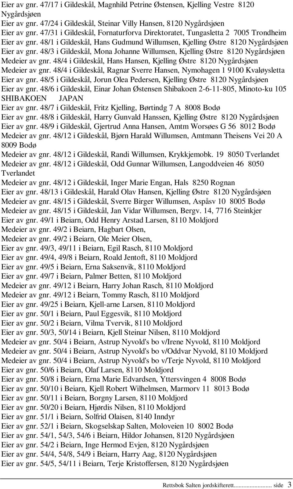 48/3 i Gildeskål, Mona Johanne Willumsen, Kjelling Østre 8120 Nygårdsjøen Medeier av gnr. 48/4 i Gildeskål, Hans Hansen, Kjelling Østre 8120 Nygårdsjøen Medeier av gnr.