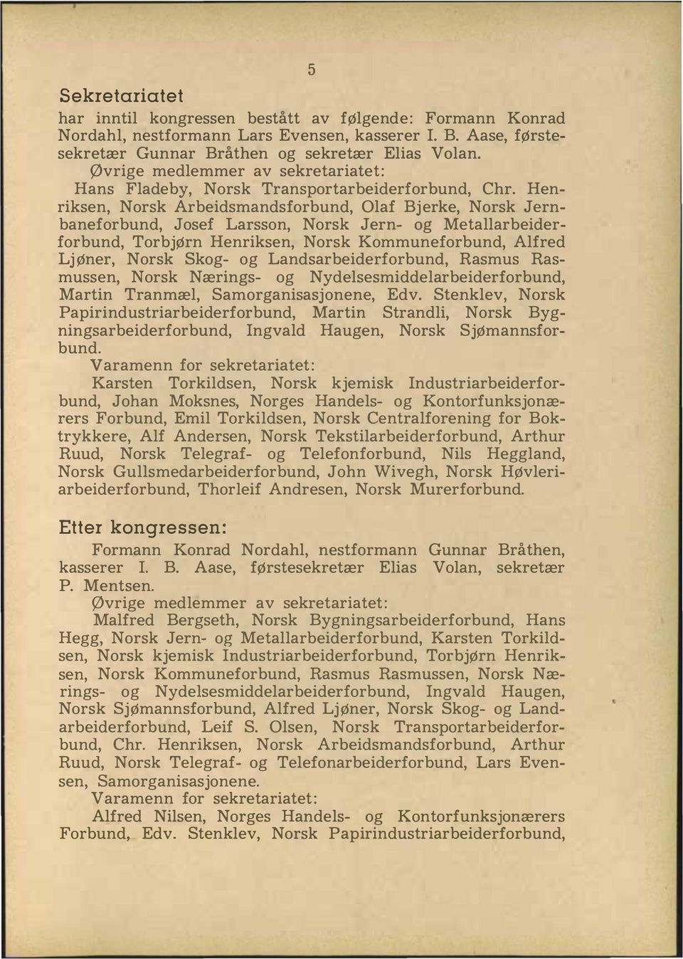 Henriksen, Norsk Arbeidsmandsforbund, Olaf Bjerke, Norsk Jernbaneforbund, Josef Larsson, Norsk Jern- og Metallarbeiderforbund, TorbjØrn Henriksen, Norsk Kommuneforbund, Alfred LjØner, Norsk Skog- og