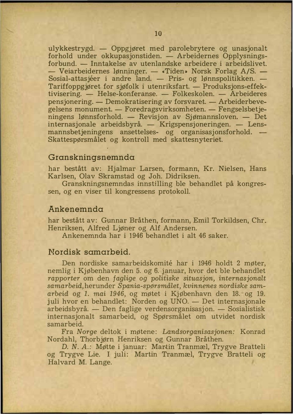 - Helse-konferanse. - Folkeskolen. - Arbeideres pensjonering. - Demokratisering av forsvaret. - Arbeiderbevegelsens monument. - Foredragsvirksomheten. - Fengselsbetjeningens lønnsforhold.