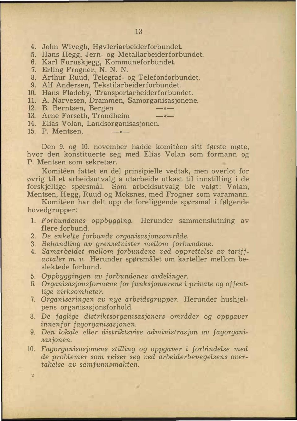 Berntsen, Bergen -c- 13. Arne Forseth, Trondheim -c- 14. Elias Volan, Landsorganisasjonen. 15. P. Mentsen, -c- Den 9. og 10.