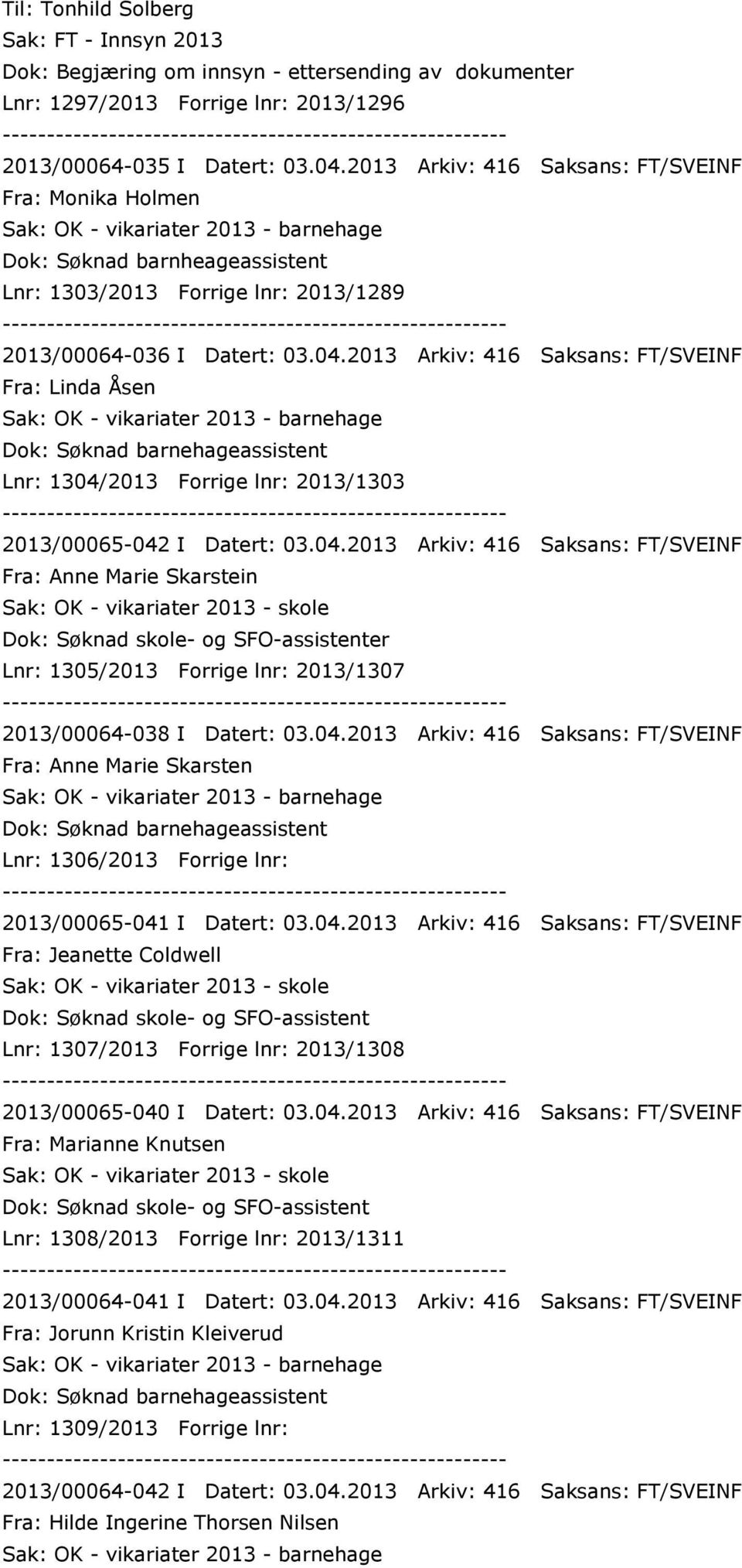 2013 Arkiv: 416 Saksans: FT/SVEINF Fra: Linda Åsen Lnr: 1304/