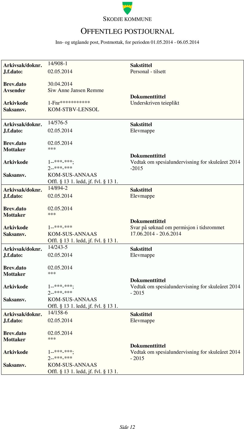 06.2014-20.6.2014 Arkivsak/doknr. 14/243-5 Sakstittel J.f.dato: 02.05.