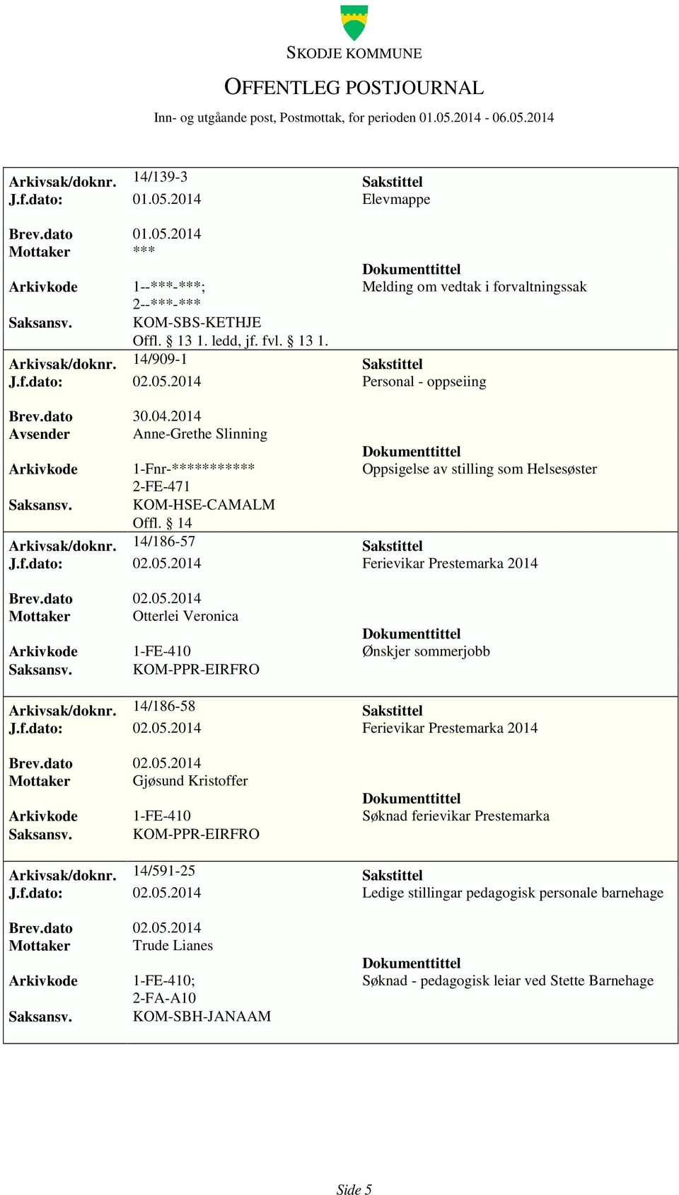 2014 Ferievikar Prestemarka 2014 Mottaker Otterlei Veronica 1-FE-410 Ønskjer sommerjobb KOM-PPR-EIRFRO Arkivsak/doknr. 14/186-58 Sakstittel J.f.dato: 02.05.