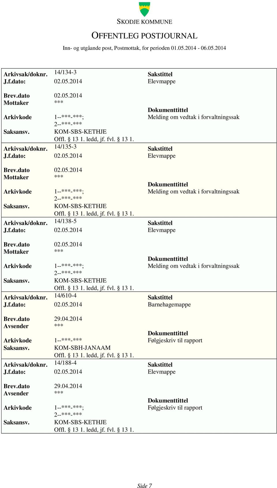 2014 Avsender *** 1--***-*** Følgjeskriv til rapport KOM-SBH-JANAAM Arkivsak/doknr. 14/188-4 Sakstittel J.f.dato: 02.05.2014 Elevmappe Brev.dato 29.