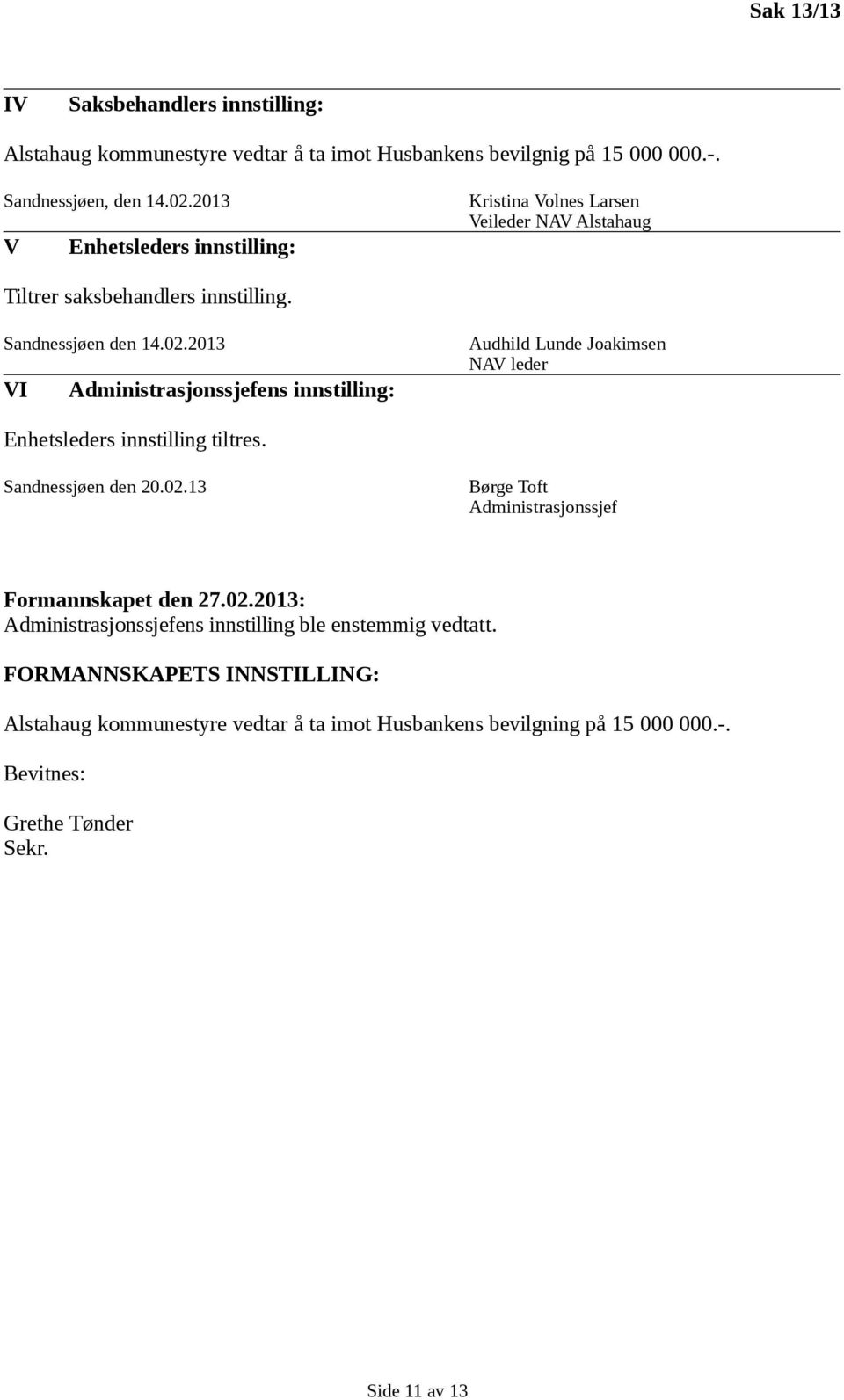 2013 VI Administrasjonssjefens innstilling: Audhild Lunde Joakimsen NAV leder Enhetsleders innstilling tiltres. Sandnessjøen den 20.02.