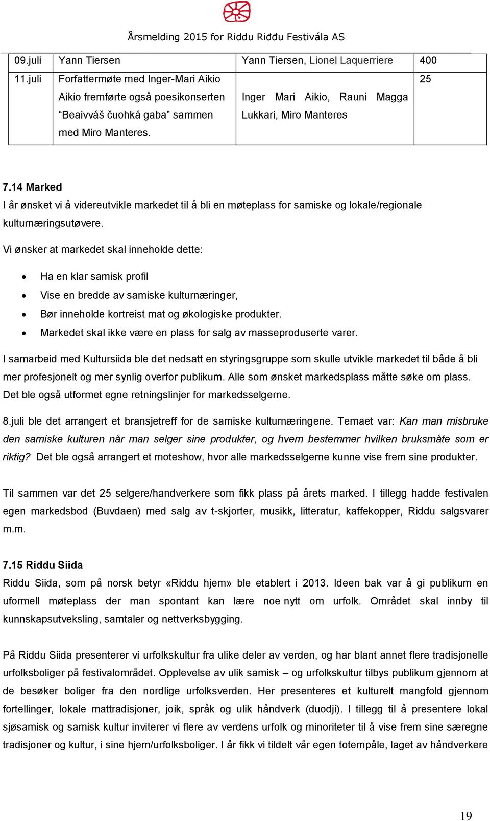 14 Marked I år ønsket vi å videreutvikle markedet til å bli en møteplass for samiske og lokale/regionale kulturnæringsutøvere.