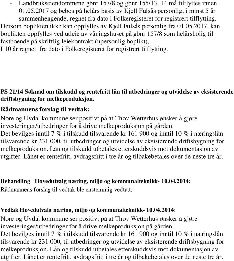 Dersom boplikten ikke kan oppfylles av Kjell Fulsås personlig fra 01.05.