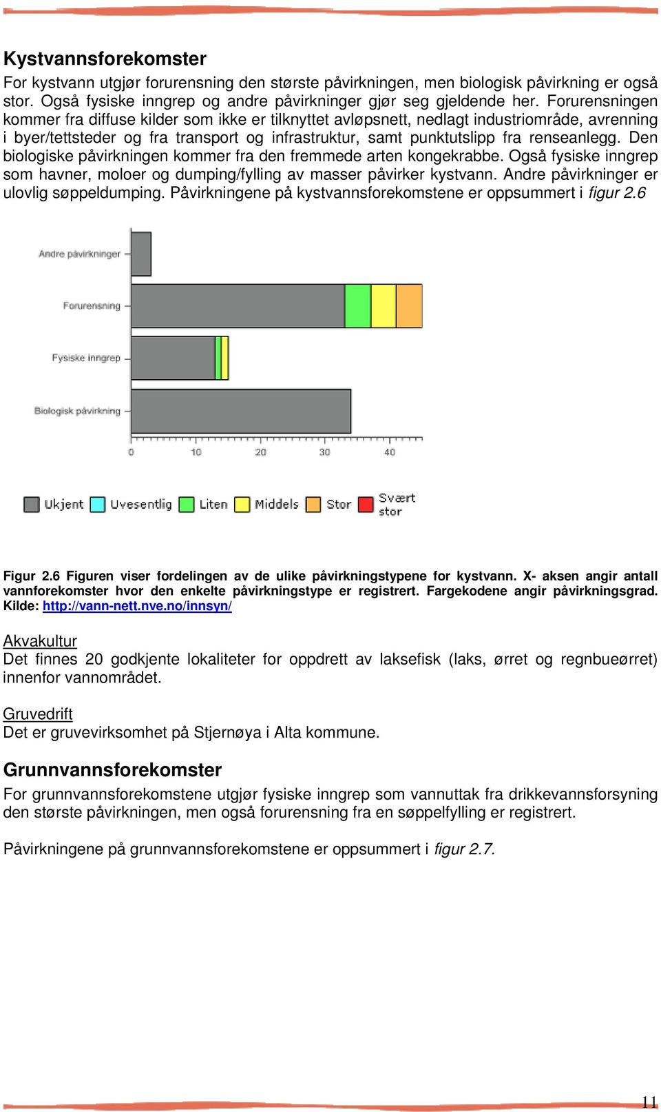 Den biologiske påvirkningen kommer fra den fremmede arten kongekrabbe. Også fysiske inngrep som havner, moloer og dumping/fylling av masser påvirker kystvann.