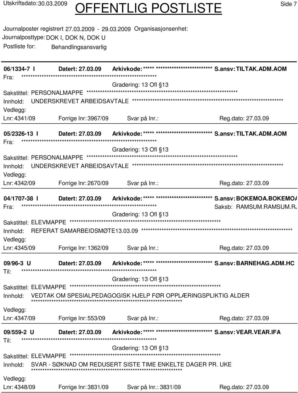 09 05/2326-13 I Datert: 27.03.09 Arkivkode:***** ****************************** S.ansv: TILTAK.ADM.