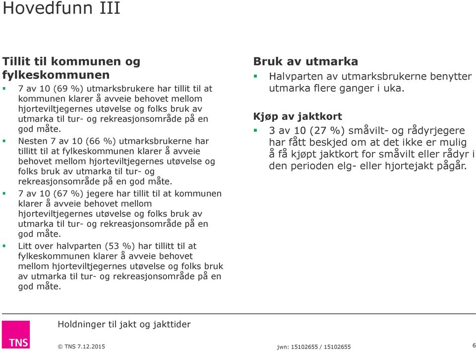 Nesten av ( %) utmarksbrukerne har tillitt til at fylkeskommunen klarer å avveie behovet mellom hjorteviltjegernes utøvelse og folks bruk av utmarka til tur- og  av ( %) jegere har tillit til at