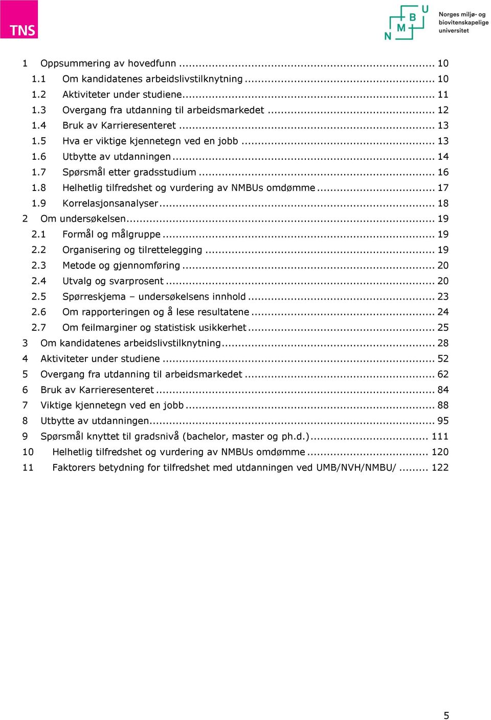 8 Helhetlig tilfredshet og vurdering av NMBUs omdømme... 17 1.9 Korrelasjonsanalyser... 18 2 Om undersøkelsen... 19 2.1 Formål og målgruppe... 19 2.2 Organisering og tilrettelegging... 19 2.3 Metode og gjennomføring.