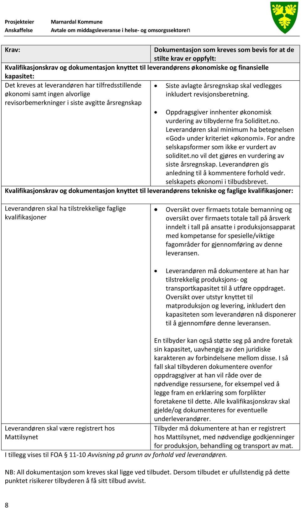 Oppdragsgiver innhenter økonomisk vurdering av tilbyderne fra Soliditet.no. Leverandøren skal minimum ha betegnelsen «God» under kriteriet «økonomi».