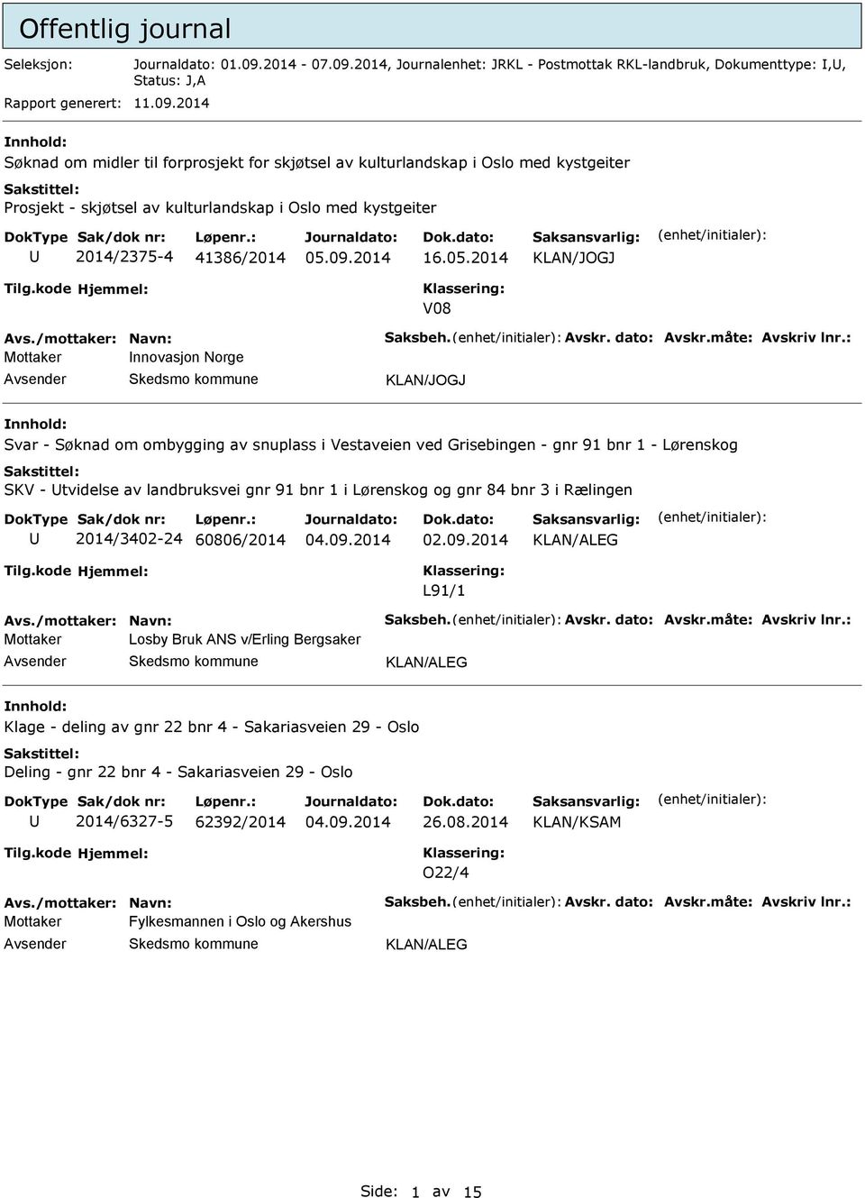 2014 Søknad om midler til forprosjekt for skjøtsel av kulturlandskap i Oslo med kystgeiter Prosjekt - skjøtsel av kulturlandskap i Oslo med kystgeiter 2014/2375-4 41386/2014 16.05.