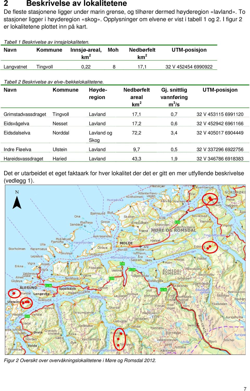 Navn Kommune Innsjø-areal, Moh Nedbørfelt km 2 km 2 UTM-posisjon Langvatnet Tingvoll 0,22 8 17,1 32 V 452454 6990922 Tabell 2 Beskrivelse av elve-/bekkelokalitetene.