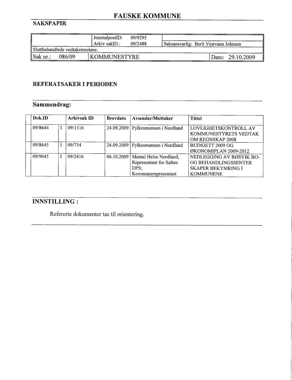 ID ArkivsakID Brevdato Avsender/Mottaker Tittel 09/8644 I 0911116 24.09.2009 Fylkesmannen i Nordland LOVLIGHETSKONTROLL AV KOMMUESTYRETS VEDTAK OM REGNSKAP 2008 09/8645 I 09/754 24.