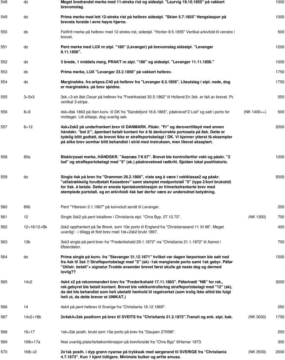 551 do Pent merke med LUX nr.stpl. "180" (Levanger) på brevomslag sidestpl. "Levanger 8.11.1856". 1 552 do 3 brede, 1 middels marg, PRAKT nr.stpl. "180" og sidestpl. "Levanger 11.11.1856." 553 do Prima merke, LUX "Levanger 23.