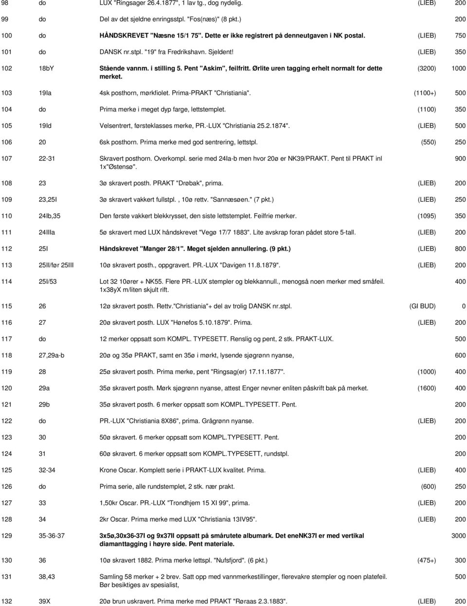 Ørlite uren tagging erhelt normalt for dette merket. (3) 103 19Ia 4sk posthorn, mørkfiolet. Prima-PRAKT "Christiania". (1100+) 104 do Prima merke i meget dyp farge, lettstemplet.