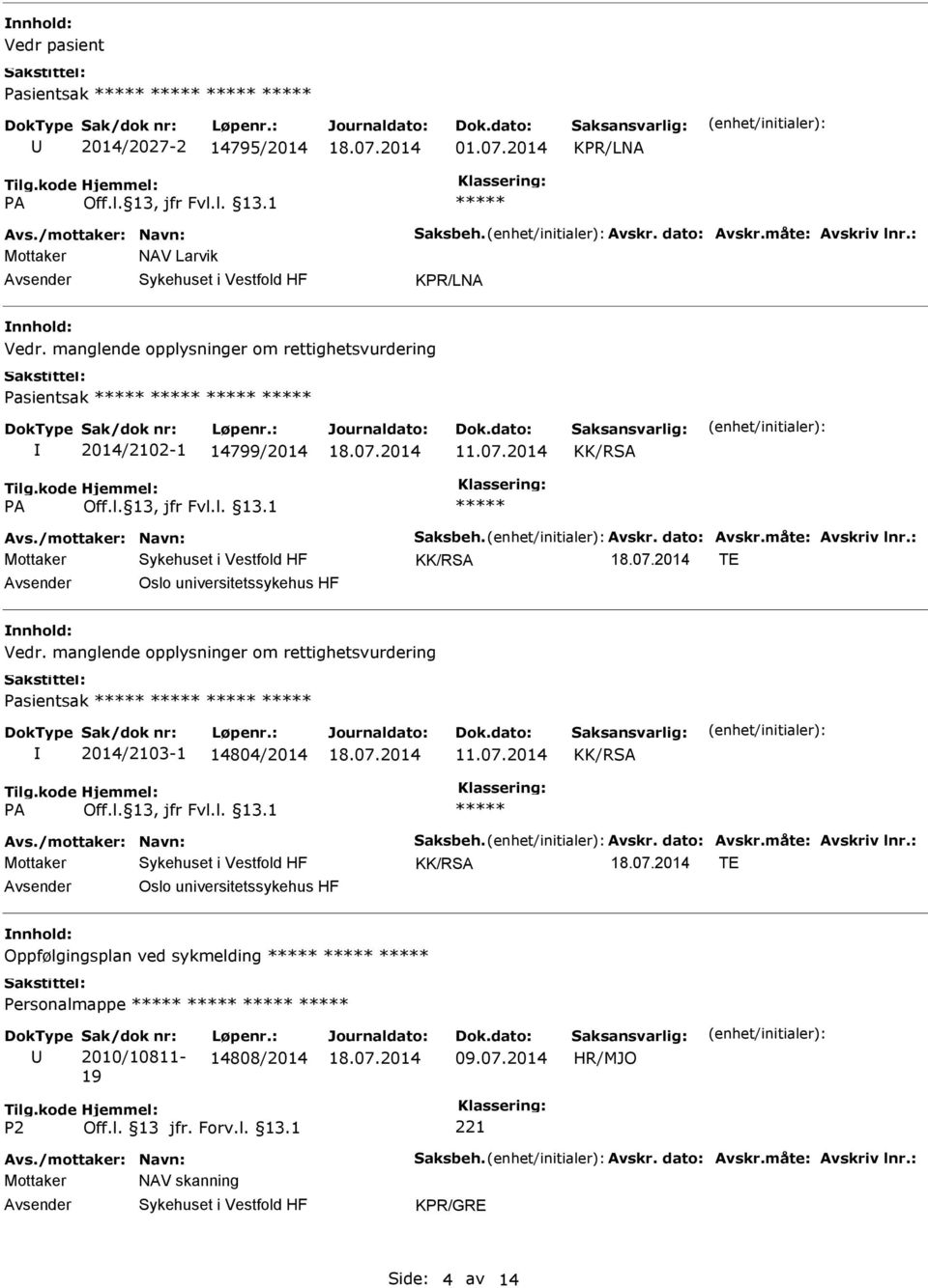 : TE Oslo universitetssykehus HF Vedr. manglende opplysninger om rettighetsvurdering Pasientsak 2014/2103-1 14804/2014 Avs./mottaker: Navn: Saksbeh. Avskr. dato: Avskr.