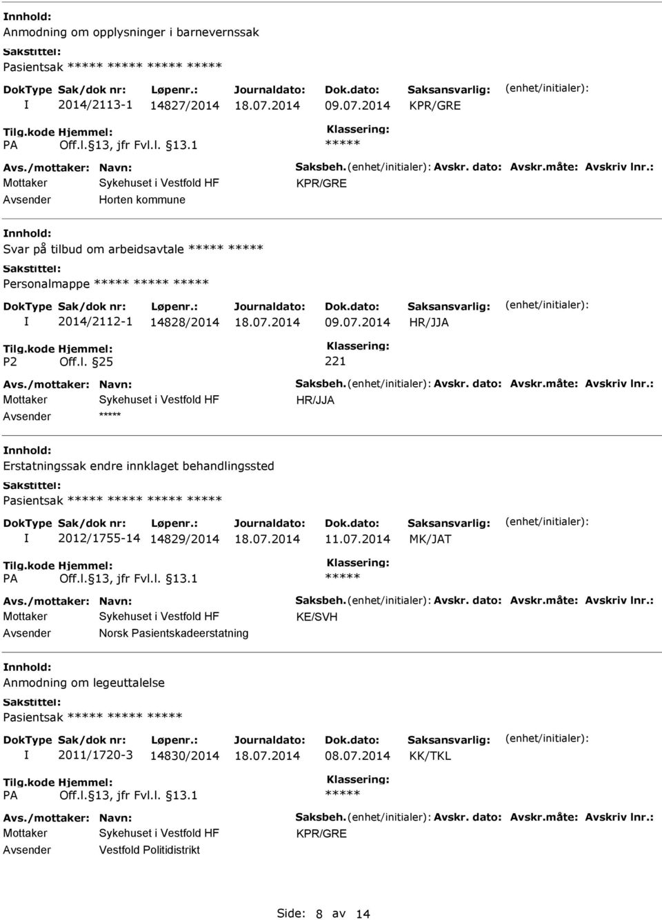 : Erstatningssak endre innklaget behandlingssted Pasientsak 2012/1755-14 14829/2014 MK/JAT Avs./mottaker: Navn: Saksbeh. Avskr. dato: Avskr.måte: Avskriv lnr.