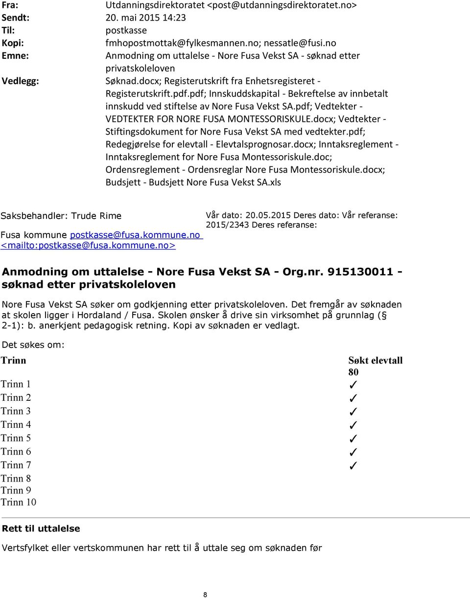 pdf; Innskuddskapital - Bekreftelse av innbetalt innskudd ved stiftelse av Nore Fusa Vekst SA.pdf; Vedtekter - VEDTEKTER FOR NORE FUSA MONTESSORISKULE.