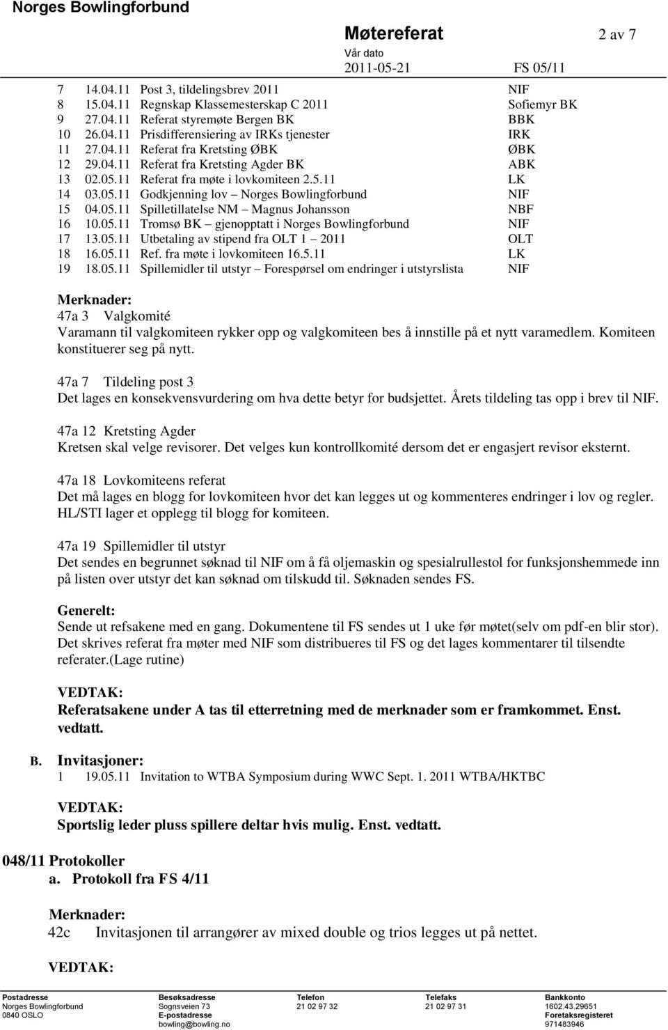 05.11 Tromsø BK gjenopptatt i Norges Bowlingforbund NIF 17 13.05.11 Utbetaling av stipend fra OLT 1 2011 OLT 18 16.05.11 Ref. fra møte i lovkomiteen 16.5.11 LK 19 18.05.11 Spillemidler til utstyr Forespørsel om endringer i utstyrslista NIF Merknader: 47a 3 Valgkomité Varamann til valgkomiteen rykker opp og valgkomiteen bes å innstille på et nytt varamedlem.