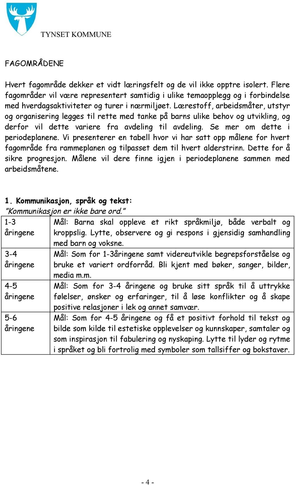 Lærestoff, arbeidsmåter, utstyr og organisering legges til rette med tanke på barns ulike behov og utvikling, og derfor vil dette variere fra avdeling til avdeling. Se mer om dette i periodeplanene.