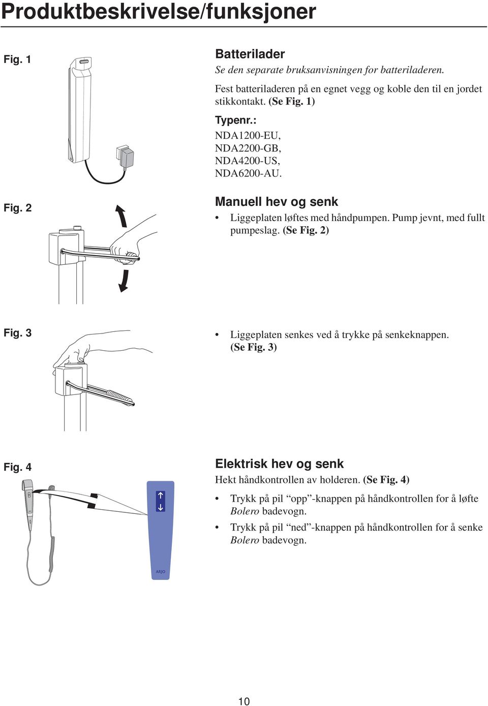 Manuell hev og senk Liggeplaten løftes med håndpumpen. Pump jevnt, med fullt pumpeslag. (Se Fig. 2) Fig. 3 Liggeplaten senkes ved å trykke på senkeknappen.