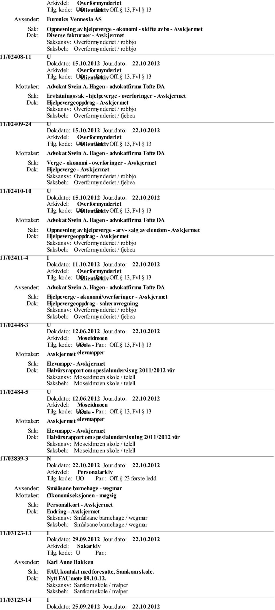 Hagen - advokatfirma Tofte DA Erstatningssak - hjelpeverge - overføringer - Avskjermet Hjelpevergeoppdrag - Avskjermet 11/02409-24 U Dok.dato: 15.10.2012 Jour.dato: 22.10.2012 Tilg.