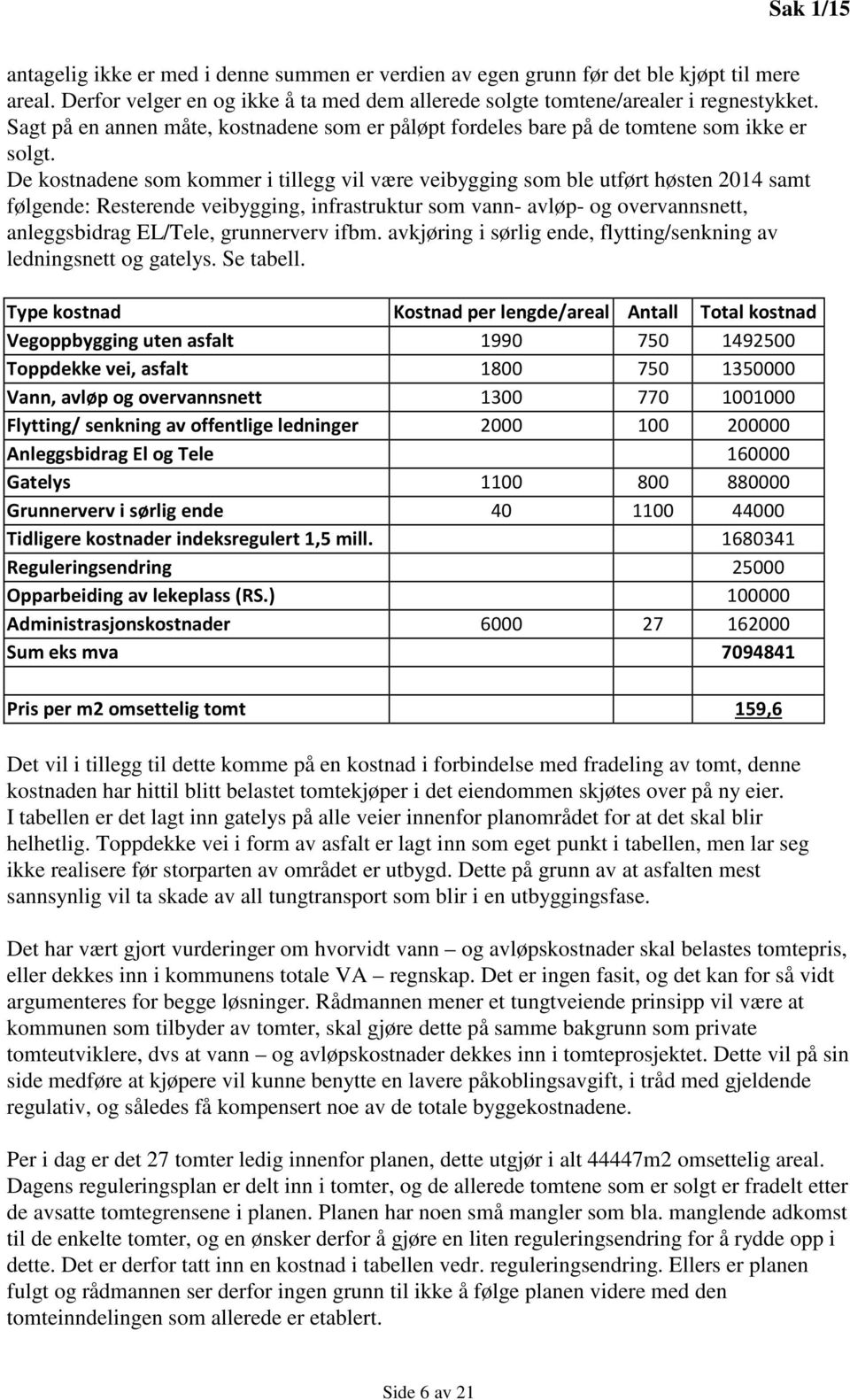 De kostnadene som kommer i tillegg vil være veibygging som ble utført høsten 2014 samt følgende: Resterende veibygging, infrastruktur som vann- avløp- og overvannsnett, anleggsbidrag EL/Tele,