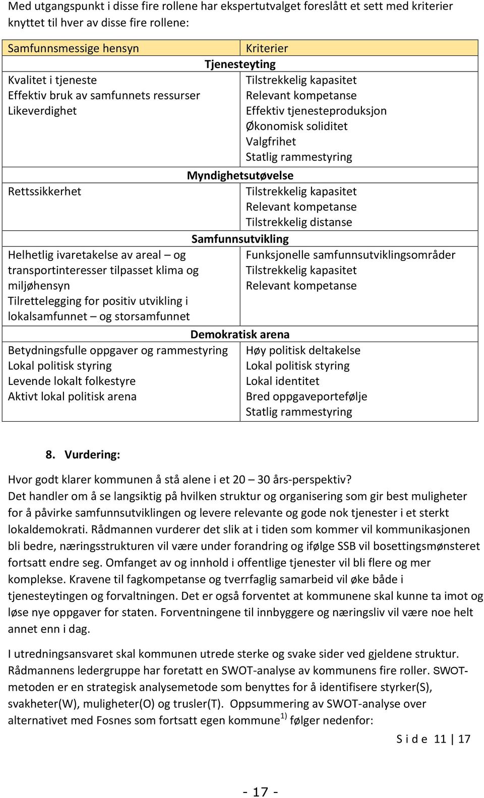 storsamfunnet Betydningsfulle oppgaver og rammestyring Lokal politisk styring Levende lokalt folkestyre Aktivt lokal politisk arena Kriterier Tjenesteyting Tilstrekkelig kapasitet Relevant kompetanse