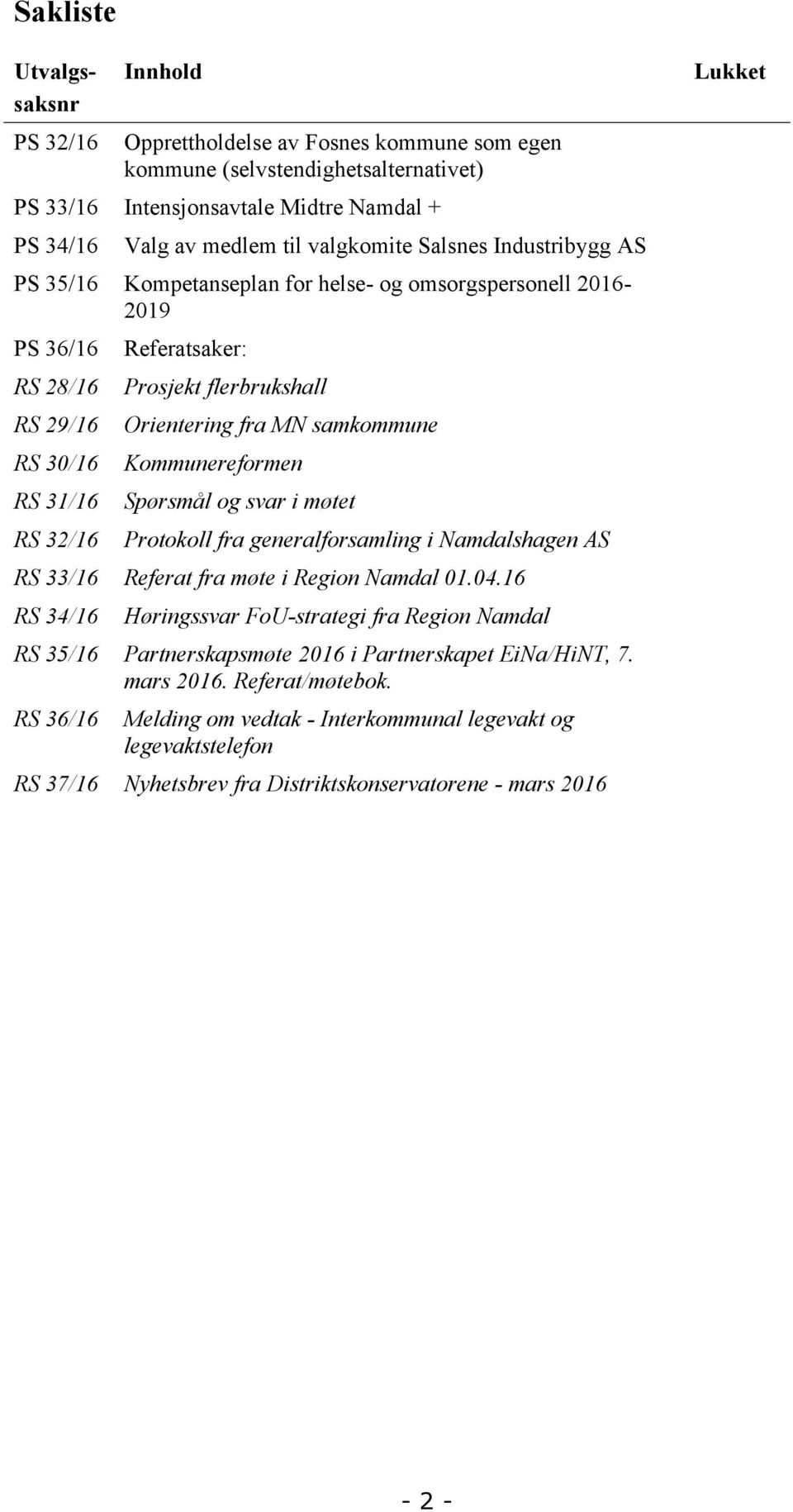 Orientering fra MN samkommune Kommunereformen Spørsmål og svar i møtet Protokoll fra generalforsamling i Namdalshagen AS RS 33/16 Referat fra møte i Region Namdal 01.04.