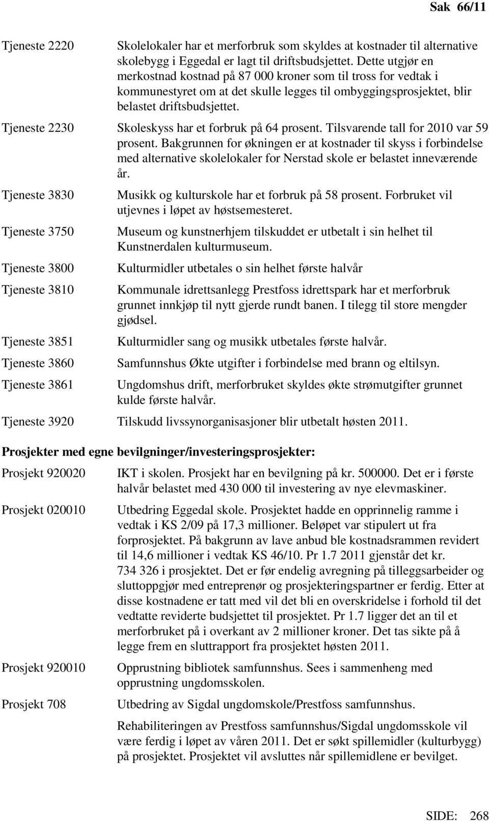 Tjeneste 2230 Skoleskyss har et forbruk på 64 prosent. Tilsvarende tall for 2010 var 59 prosent.