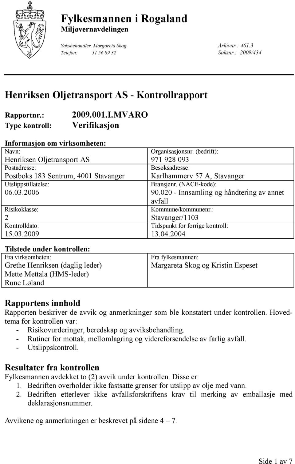 2006 Risikoklasse: 2 Kontrolldato: 15.03.2009 Tilstede under kontrollen: Fra virksomheten: Grethe Henriksen (daglig leder) Mette Mettala (HMS-leder) Rune Løland Organisasjonsnr.