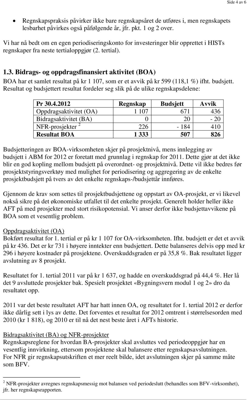 Bidrags- og oppdragsfinansiert aktivitet (BOA) BOA har et samlet resultat på kr 1 107, som er et avvik på kr 599 (118,1 %) ifht. budsjett.