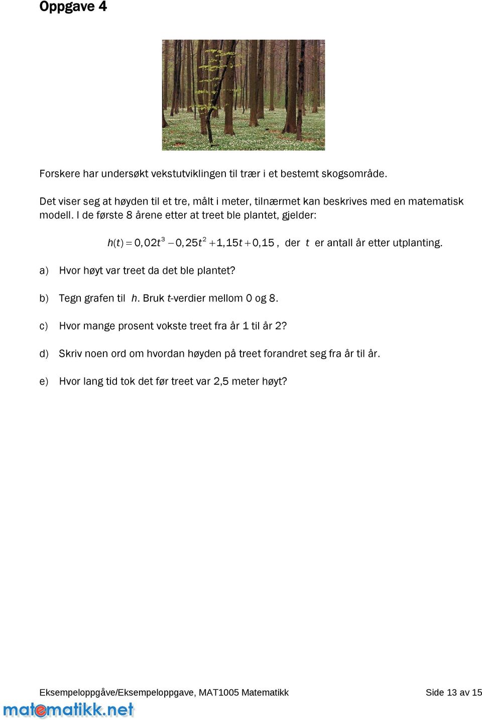 I de første 8 årene etter at treet ble plantet, gjelder: 3 2 h( t) = 0,02t 0,2t + 1,1t+ 0,1, der t er antall år etter utplanting.