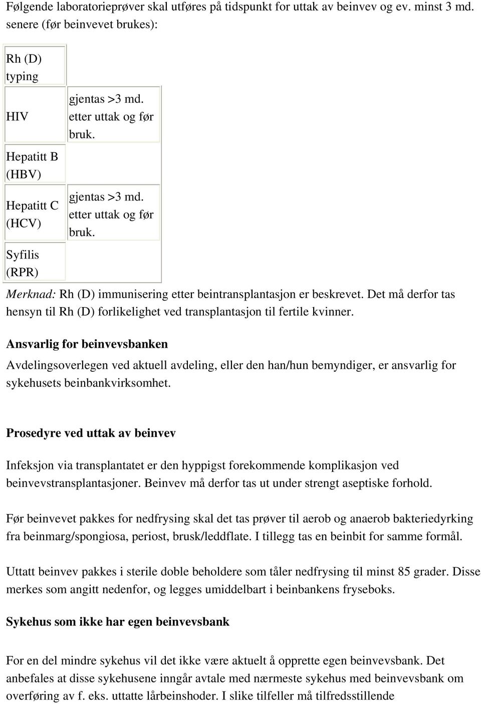 gjentas >3 md. etter uttak og før bruk. Merknad: Rh (D) immunisering etter beintransplantasjon er beskrevet. Det må derfor tas hensyn til Rh (D) forlikelighet ved transplantasjon til fertile kvinner.