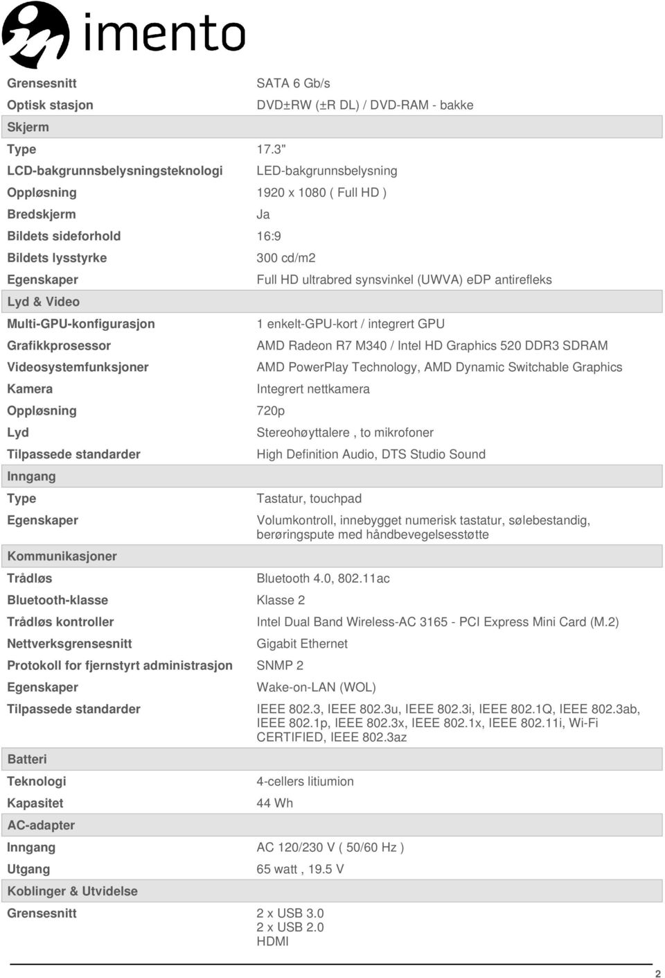 Egenskaper Lyd & Video Multi-GPU-konfigurasjon Grafikkprosessor Videosystemfunksjoner Kamera Oppløsning Lyd Tilpassede standarder Inngang Type Egenskaper Kommunikasjoner Trådløs Ja 300 cd/m2 Full HD