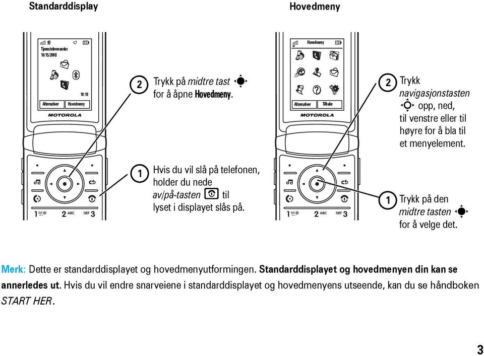 1 Hvis du vil slå på telefonen, holder du nede av/på-tasten P til lyset i displayet slås på. 1 Trykk på den midtre tasten s for å velge det.