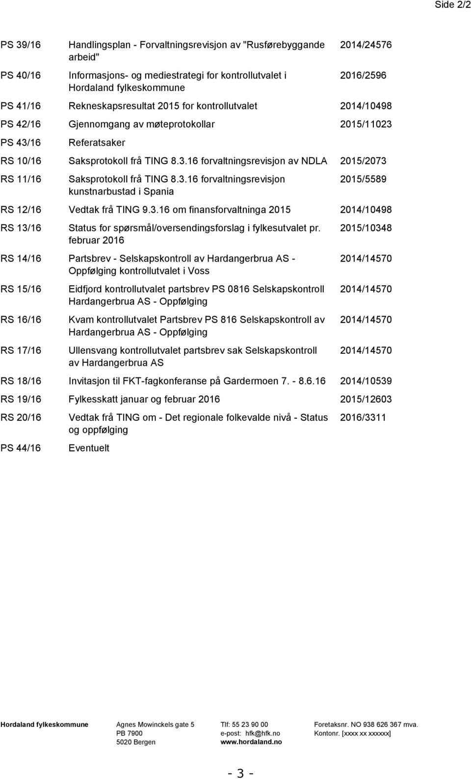 3.16 forvaltningsrevisjon kunstnarbustad i Spania 2015/5589 RS 12/16 Vedtak frå TING 9.3.16 om finansforvaltninga 2015 2014/10498 RS 13/16 Status for spørsmål/oversendingsforslag i fylkesutvalet pr.