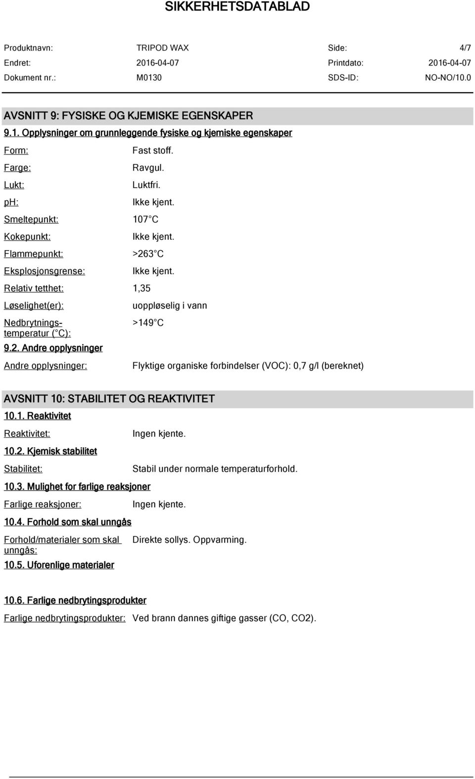 3 C Relativ tetthet: 1,35 Løselighet(er): Nedbrytningstemperatur ( C): 9.2.